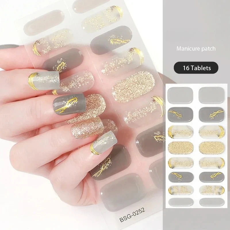 16/22 Tips Semi Cured Gel Nail Stickers for UV Lamp Designer Adhesive Nail Gel Wraps DIY Long-lasting Nail Decoration