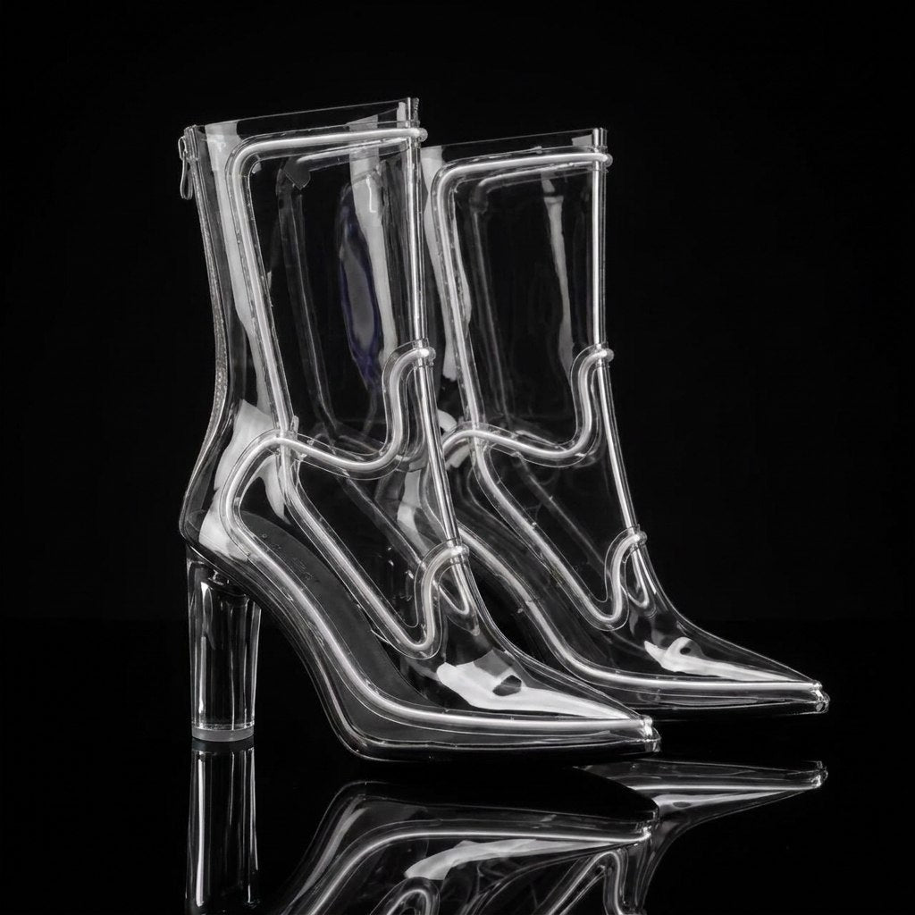 Women Pointed Toe Transparent PVC Ankle Boots LED Light Up Clear Block High Heel Back Zipper