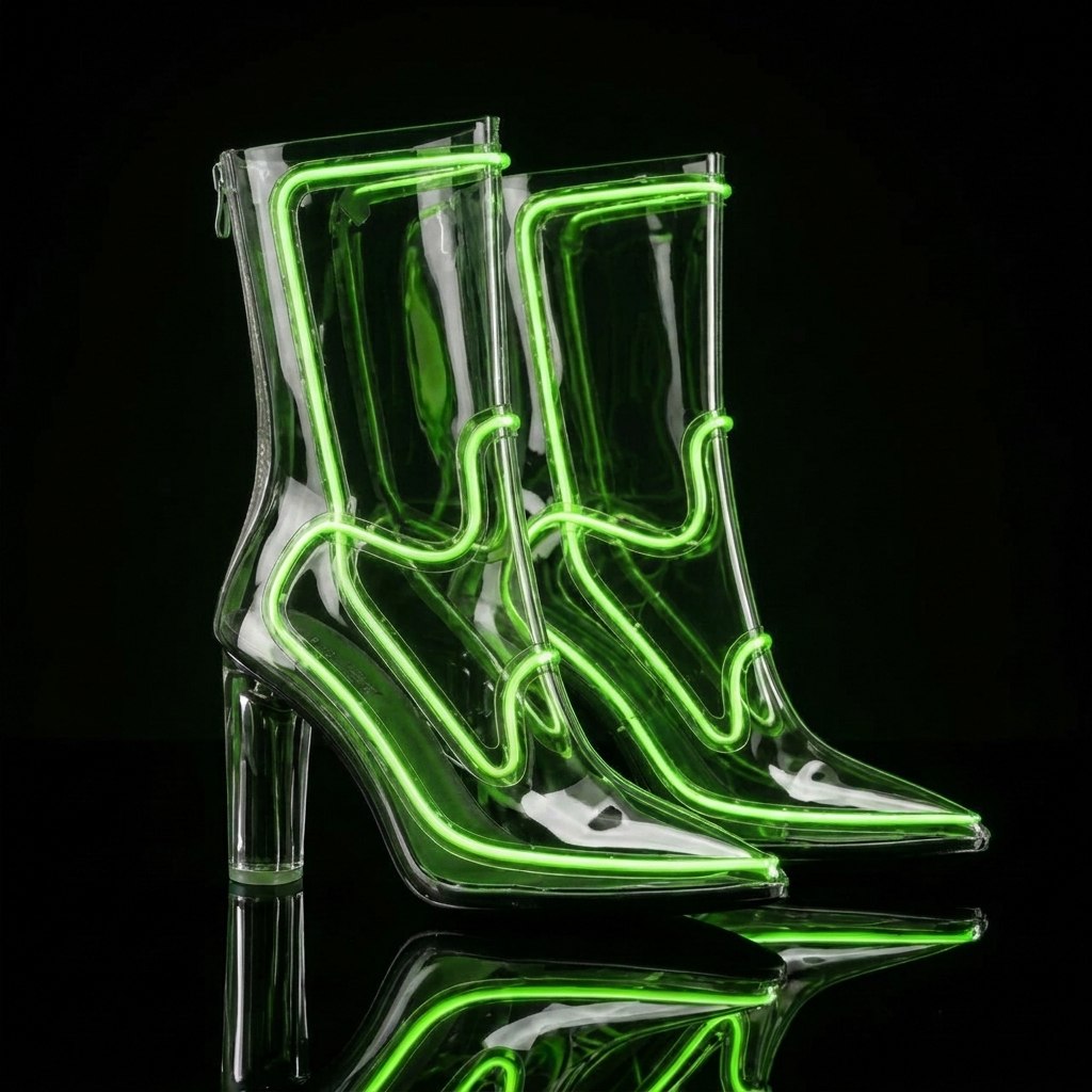Women Pointed Toe Transparent PVC Ankle Boots LED Light Up Clear Block High Heel Back Zipper