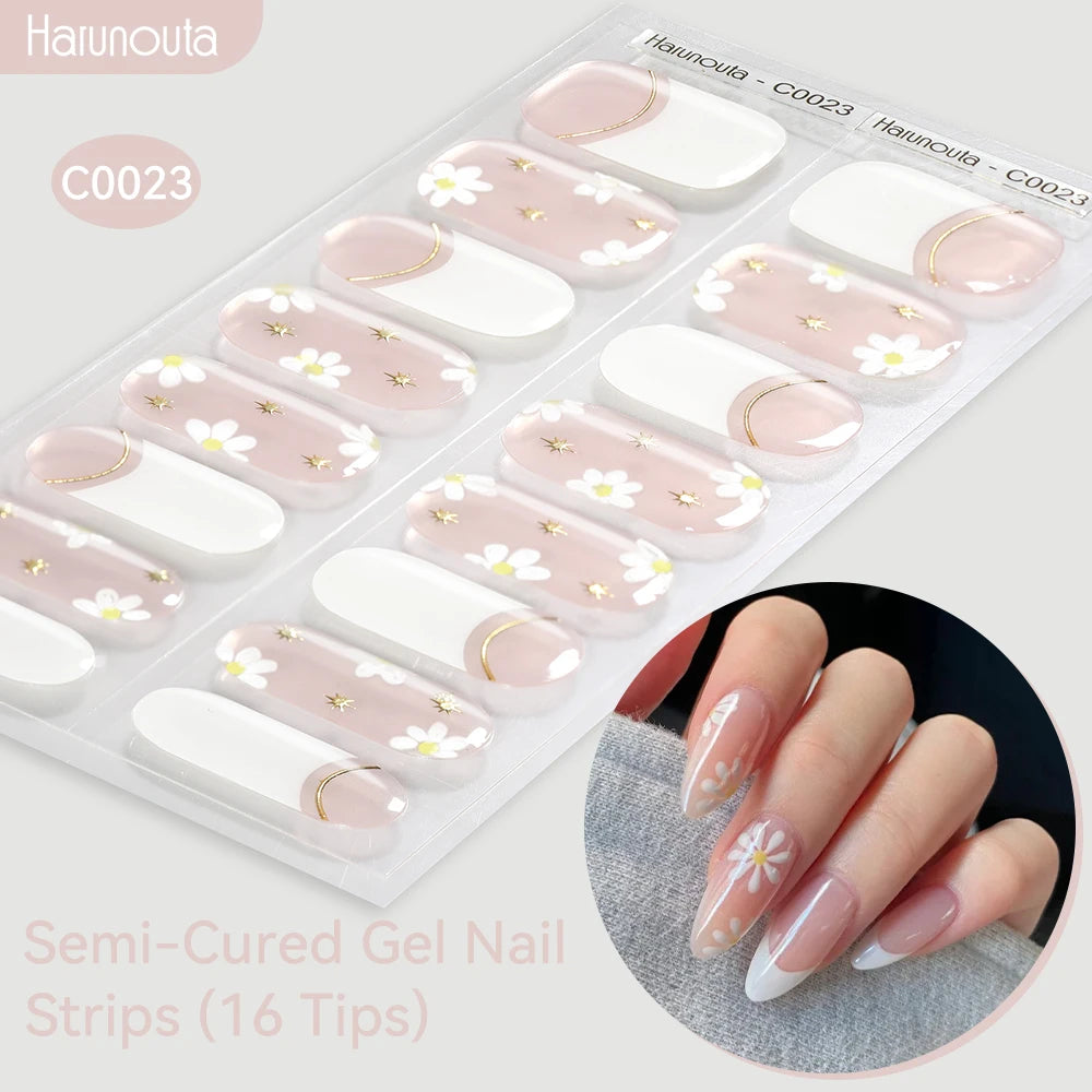 Harunouta Gold Foil Semi-Cured Gel Nail Stickers Adhesive Waterproof Long Lasting Full Cover Gel Nail Stickers UV Lamp Needed