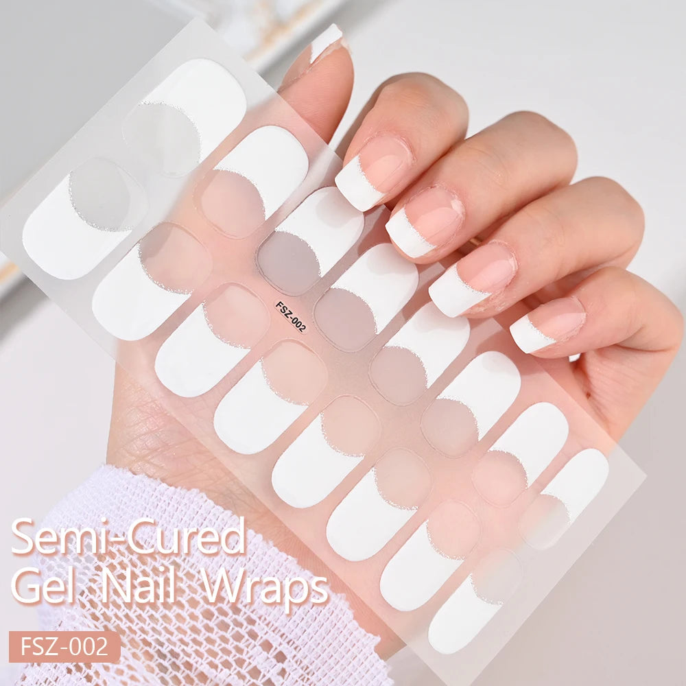 2024# New Semi-Cured Gel Nail Stickers Long-Lasting Solid Color Nail Strips UV Lamp Cured Manicure Gel Decal 16Tips