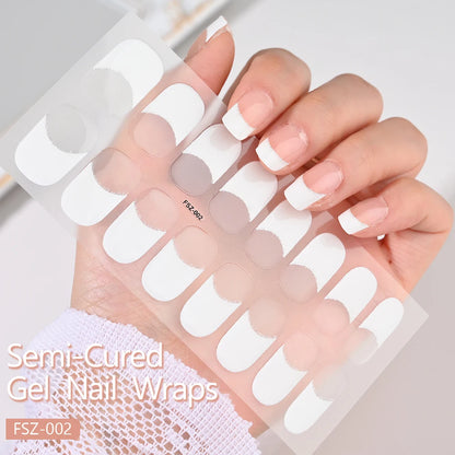 2024# New Semi-Cured Gel Nail Stickers Long-Lasting Solid Color Nail Strips UV Lamp Cured Manicure Gel Decal 16Tips