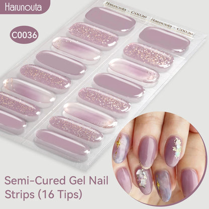 Harunouta Gold Foil Semi-Cured Gel Nail Stickers Adhesive Waterproof Long Lasting Full Cover Gel Nail Stickers UV Lamp Needed