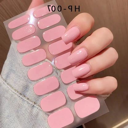 2024# New Semi-Cured Gel Nail Stickers Long-Lasting Solid Color Nail Strips UV Lamp Cured Manicure Gel Decal 16Tips