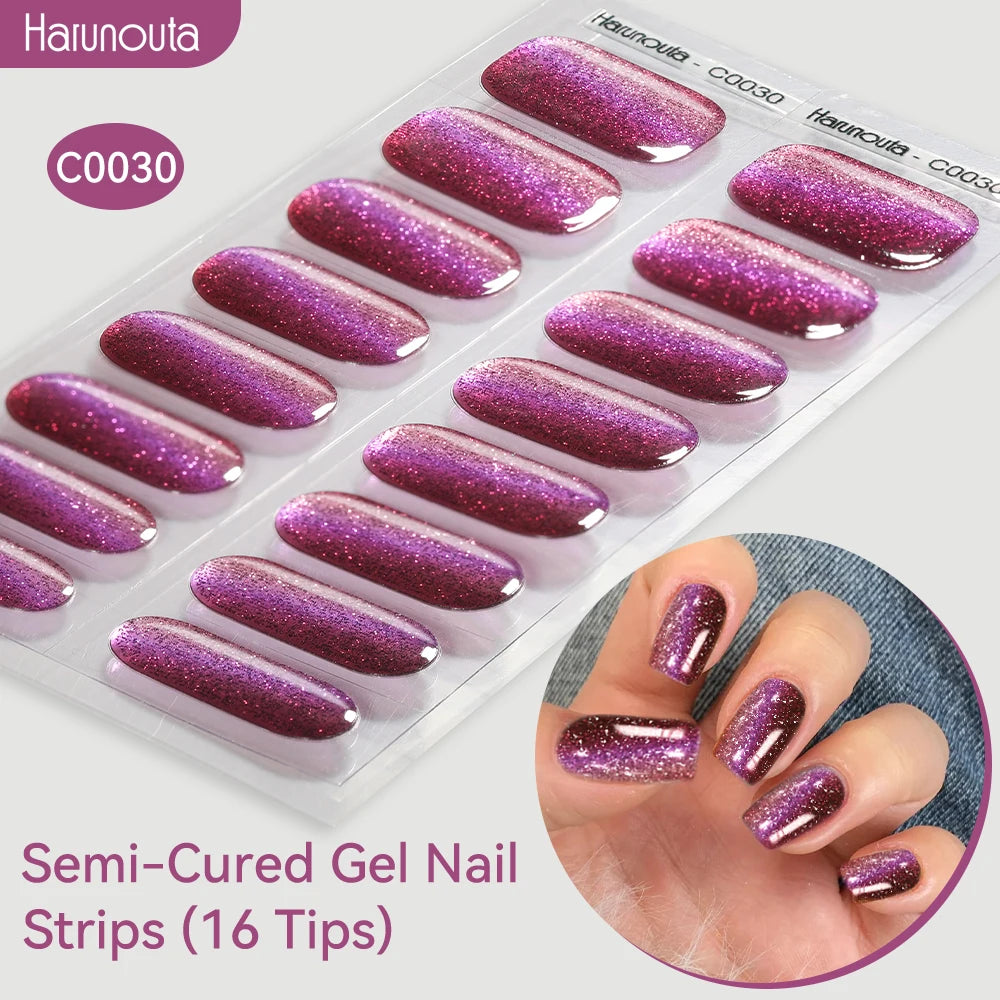 Harunouta Gold Foil Semi-Cured Gel Nail Stickers Adhesive Waterproof Long Lasting Full Cover Gel Nail Stickers UV Lamp Needed