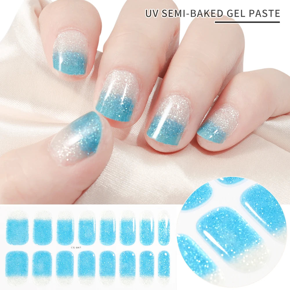 2024# New Semi-Cured Gel Nail Stickers Long-Lasting Solid Color Nail Strips UV Lamp Cured Manicure Gel Decal 16Tips