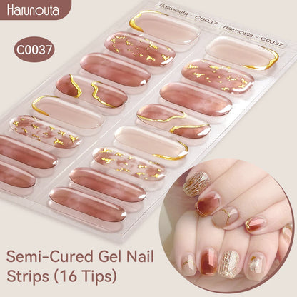 Harunouta Gold Foil Semi-Cured Gel Nail Stickers Adhesive Waterproof Long Lasting Full Cover Gel Nail Stickers UV Lamp Needed