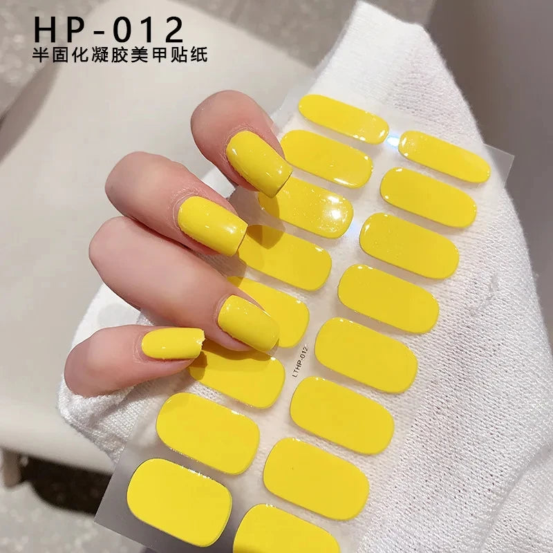 2024# New Semi-Cured Gel Nail Stickers Long-Lasting Solid Color Nail Strips UV Lamp Cured Manicure Gel Decal 16Tips