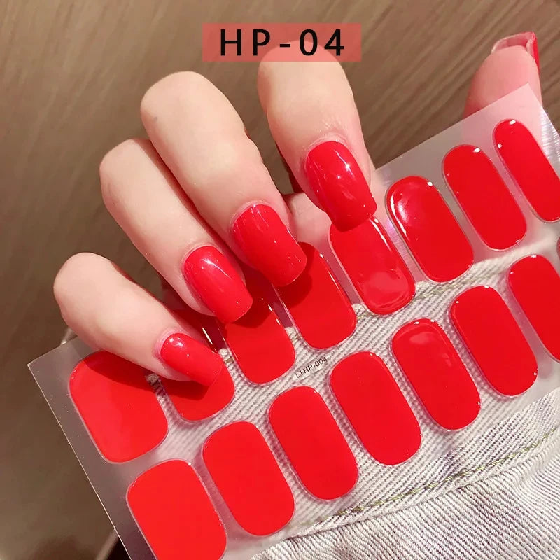 2024# New Semi-Cured Gel Nail Stickers Long-Lasting Solid Color Nail Strips UV Lamp Cured Manicure Gel Decal 16Tips