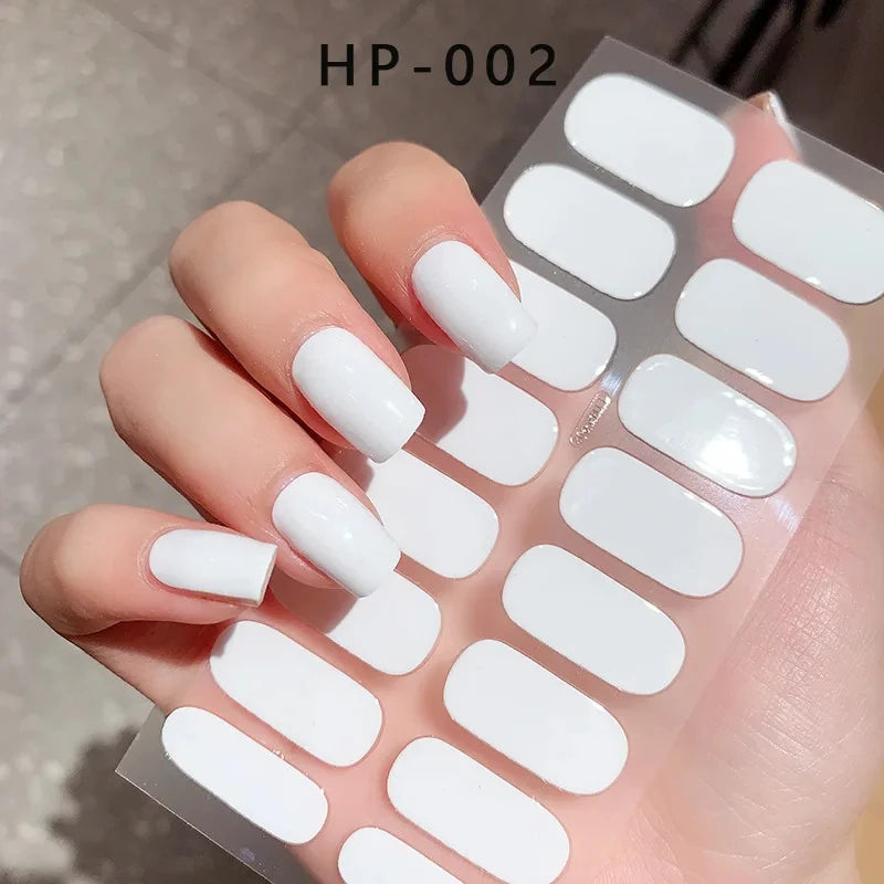 2024# New Semi-Cured Gel Nail Stickers Long-Lasting Solid Color Nail Strips UV Lamp Cured Manicure Gel Decal 16Tips