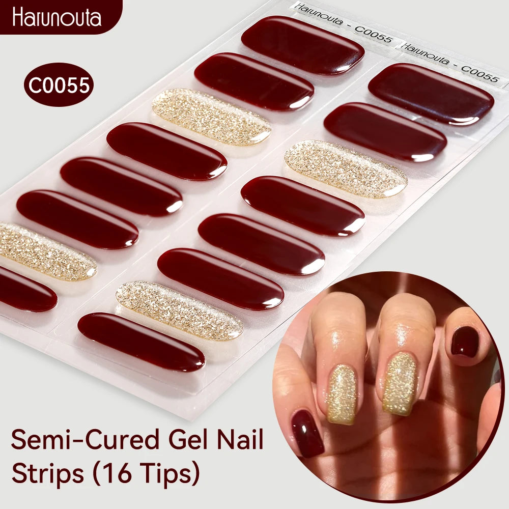 Harunouta Gold Foil Semi-Cured Gel Nail Stickers Adhesive Waterproof Long Lasting Full Cover Gel Nail Stickers UV Lamp Needed