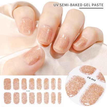 2024# New Semi-Cured Gel Nail Stickers Long-Lasting Solid Color Nail Strips UV Lamp Cured Manicure Gel Decal 16Tips