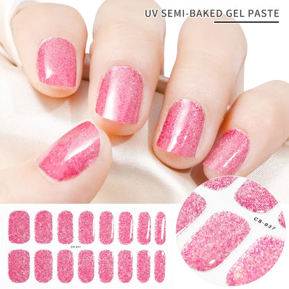 2024# New Semi-Cured Gel Nail Stickers Long-Lasting Solid Color Nail Strips UV Lamp Cured Manicure Gel Decal 16Tips