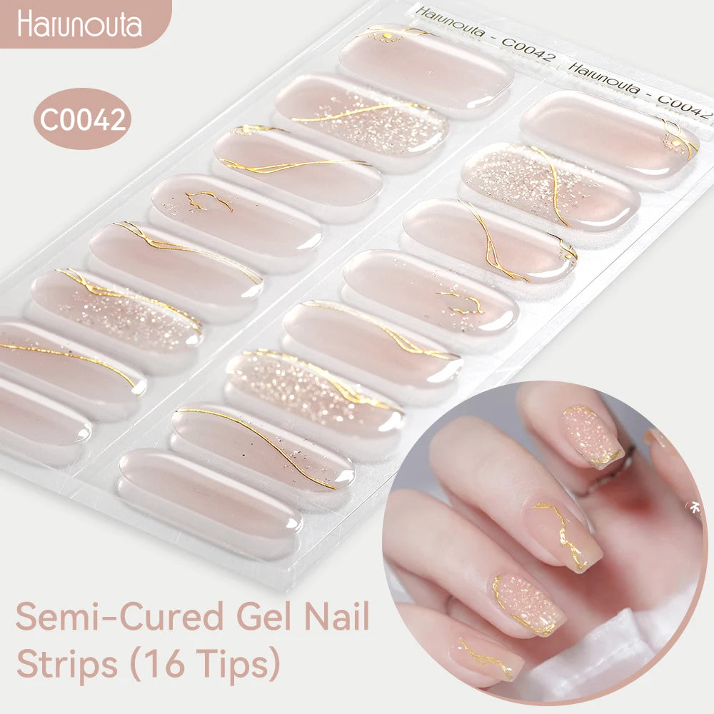 Harunouta Gold Foil Semi-Cured Gel Nail Stickers Adhesive Waterproof Long Lasting Full Cover Gel Nail Stickers UV Lamp Needed