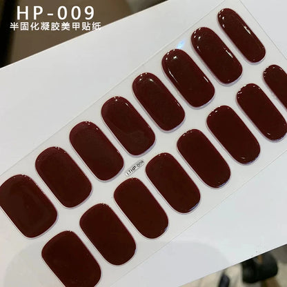 2024# New Semi-Cured Gel Nail Stickers Long-Lasting Solid Color Nail Strips UV Lamp Cured Manicure Gel Decal 16Tips