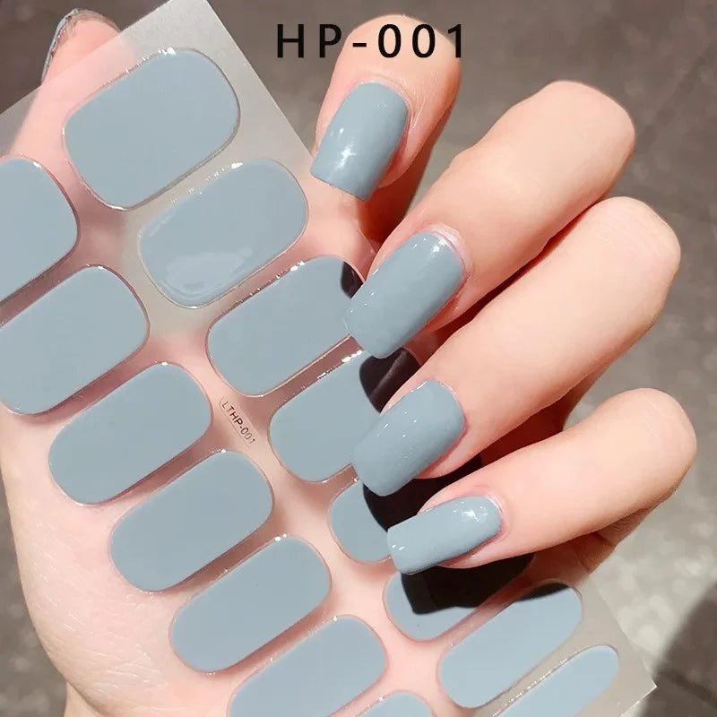 2024# New Semi-Cured Gel Nail Stickers Long-Lasting Solid Color Nail Strips UV Lamp Cured Manicure Gel Decal 16Tips