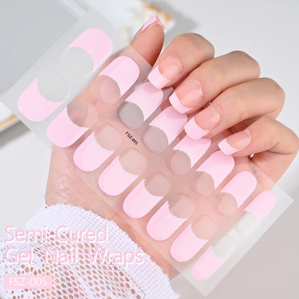2024# New Semi-Cured Gel Nail Stickers Long-Lasting Solid Color Nail Strips UV Lamp Cured Manicure Gel Decal 16Tips