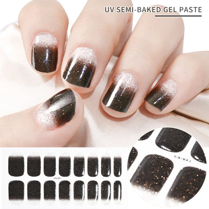 2024# New Semi-Cured Gel Nail Stickers Long-Lasting Solid Color Nail Strips UV Lamp Cured Manicure Gel Decal 16Tips