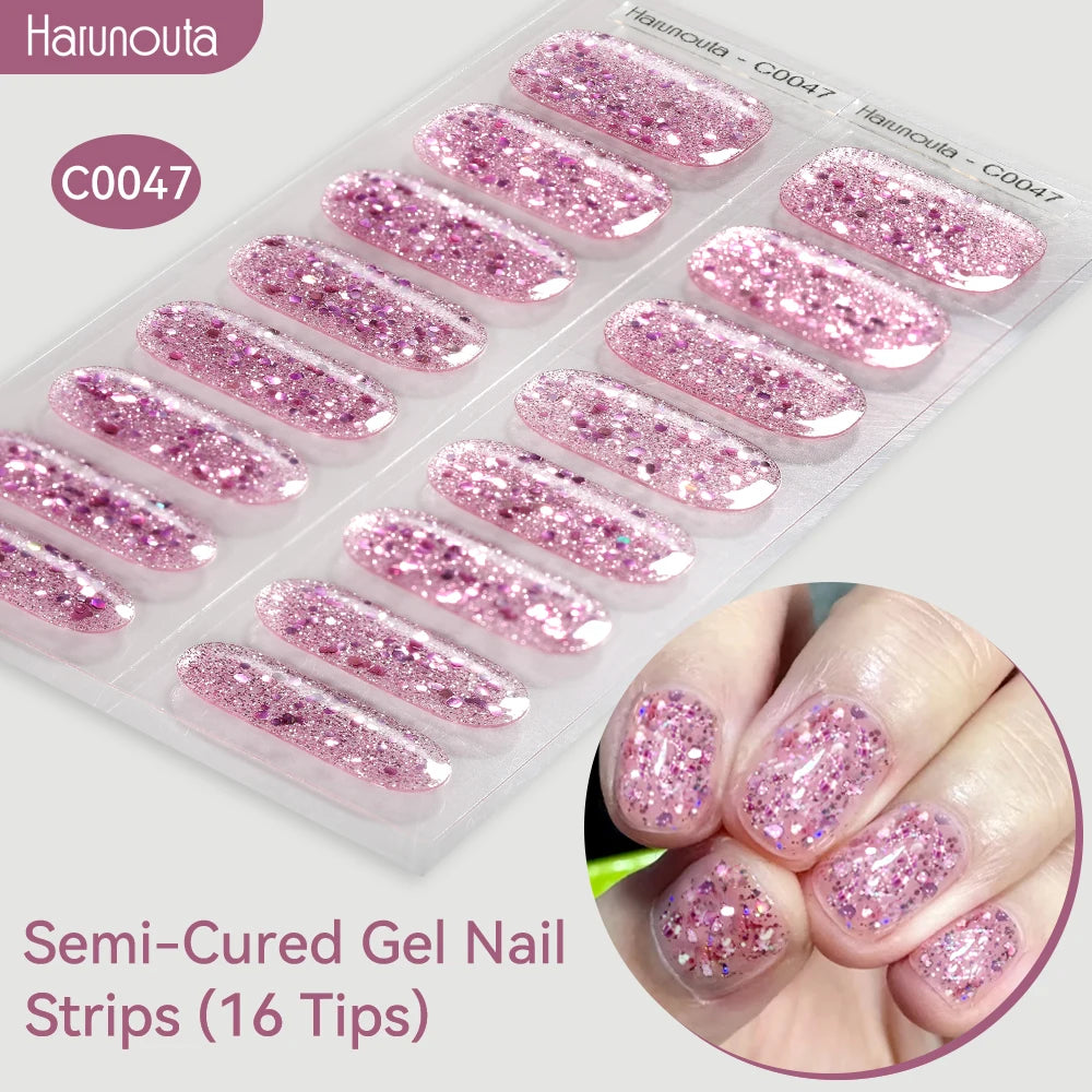 Harunouta Gold Foil Semi-Cured Gel Nail Stickers Adhesive Waterproof Long Lasting Full Cover Gel Nail Stickers UV Lamp Needed