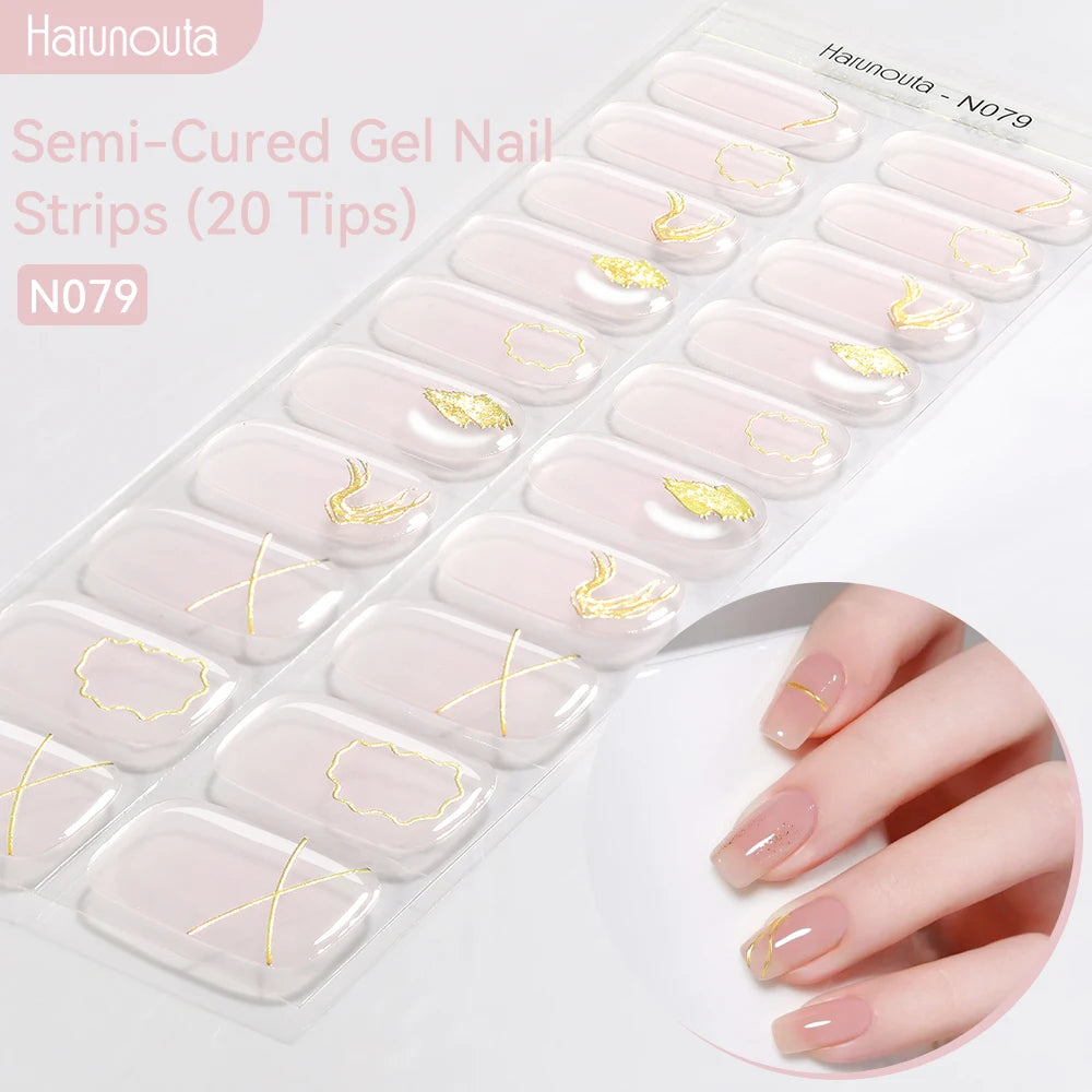 Harunouta Gold Foil Semi-Cured Gel Nail Stickers Adhesive Waterproof Long Lasting Full Cover Gel Nail Stickers UV Lamp Needed
