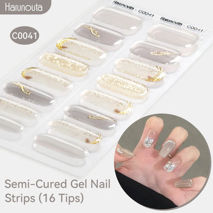 Harunouta Gold Foil Semi-Cured Gel Nail Stickers Adhesive Waterproof Long Lasting Full Cover Gel Nail Stickers UV Lamp Needed