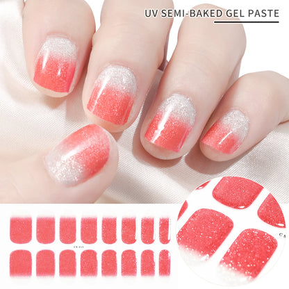 2024# New Semi-Cured Gel Nail Stickers Long-Lasting Solid Color Nail Strips UV Lamp Cured Manicure Gel Decal 16Tips
