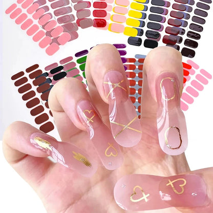2024# New Semi-Cured Gel Nail Stickers Long-Lasting Solid Color Nail Strips UV Lamp Cured Manicure Gel Decal 16Tips