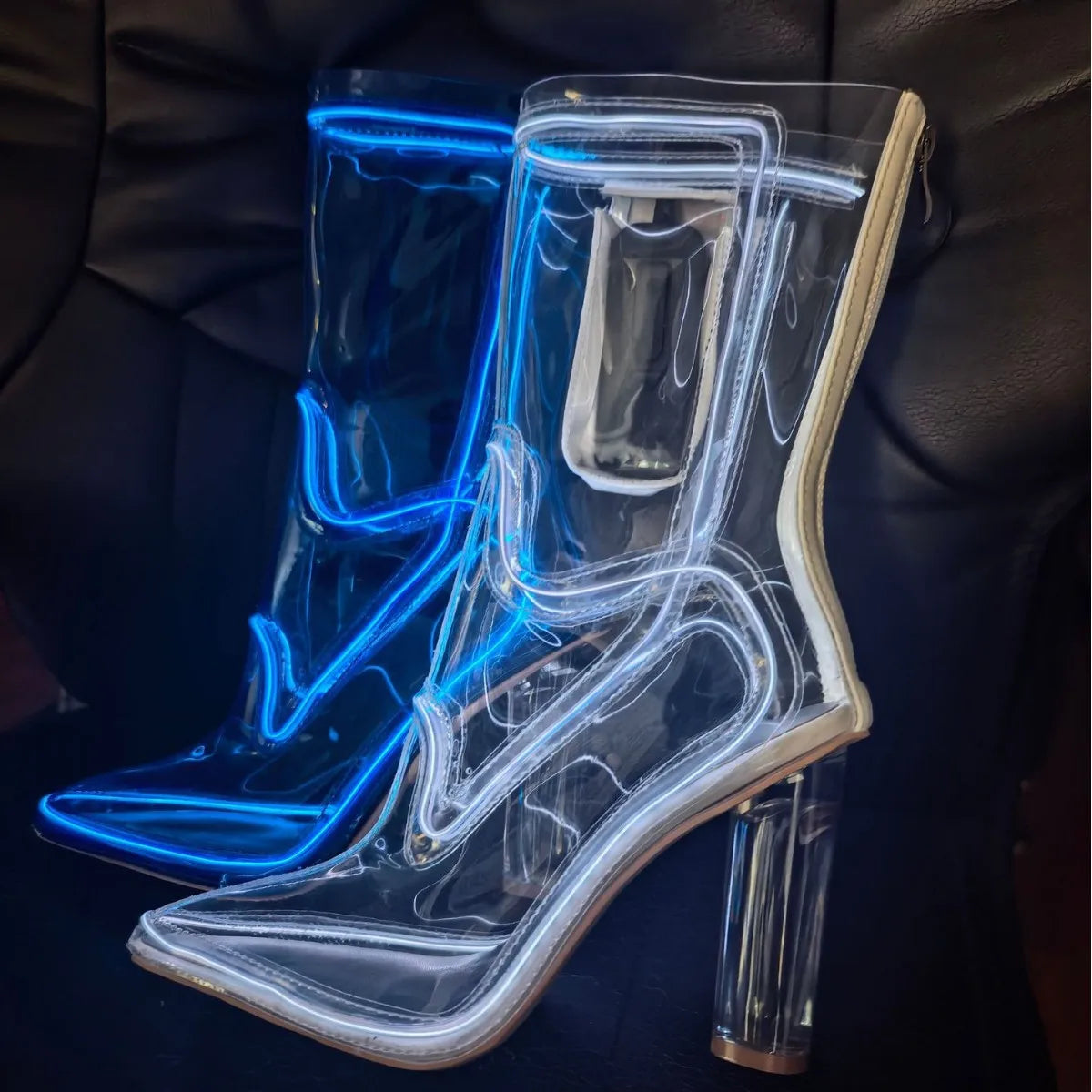 Women Pointed Toe Transparent PVC Ankle Boots LED Light Up Clear Block High Heel Back Zipper