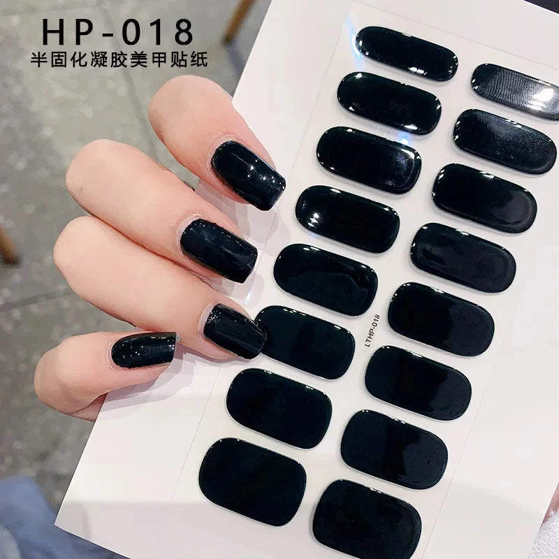 2024# New Semi-Cured Gel Nail Stickers Long-Lasting Solid Color Nail Strips UV Lamp Cured Manicure Gel Decal 16Tips