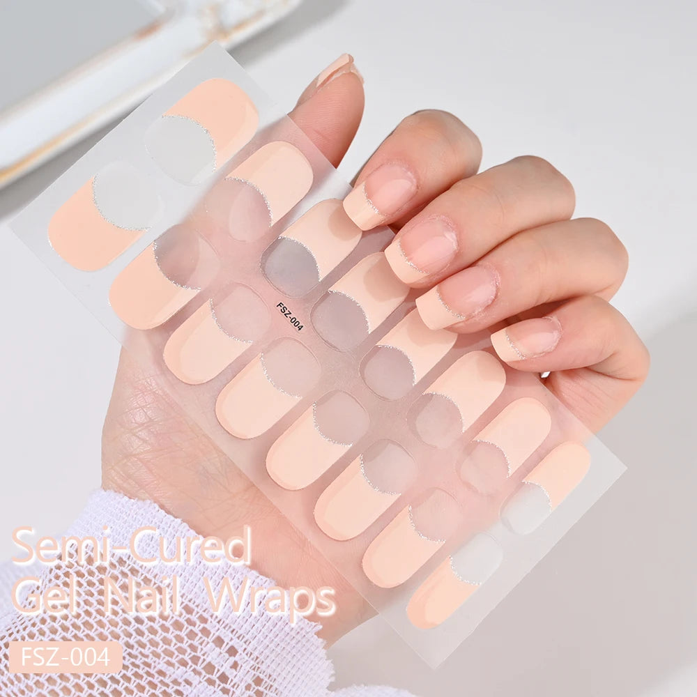 2024# New Semi-Cured Gel Nail Stickers Long-Lasting Solid Color Nail Strips UV Lamp Cured Manicure Gel Decal 16Tips