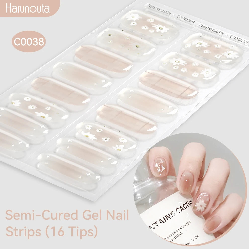 Harunouta Gold Foil Semi-Cured Gel Nail Stickers Adhesive Waterproof Long Lasting Full Cover Gel Nail Stickers UV Lamp Needed