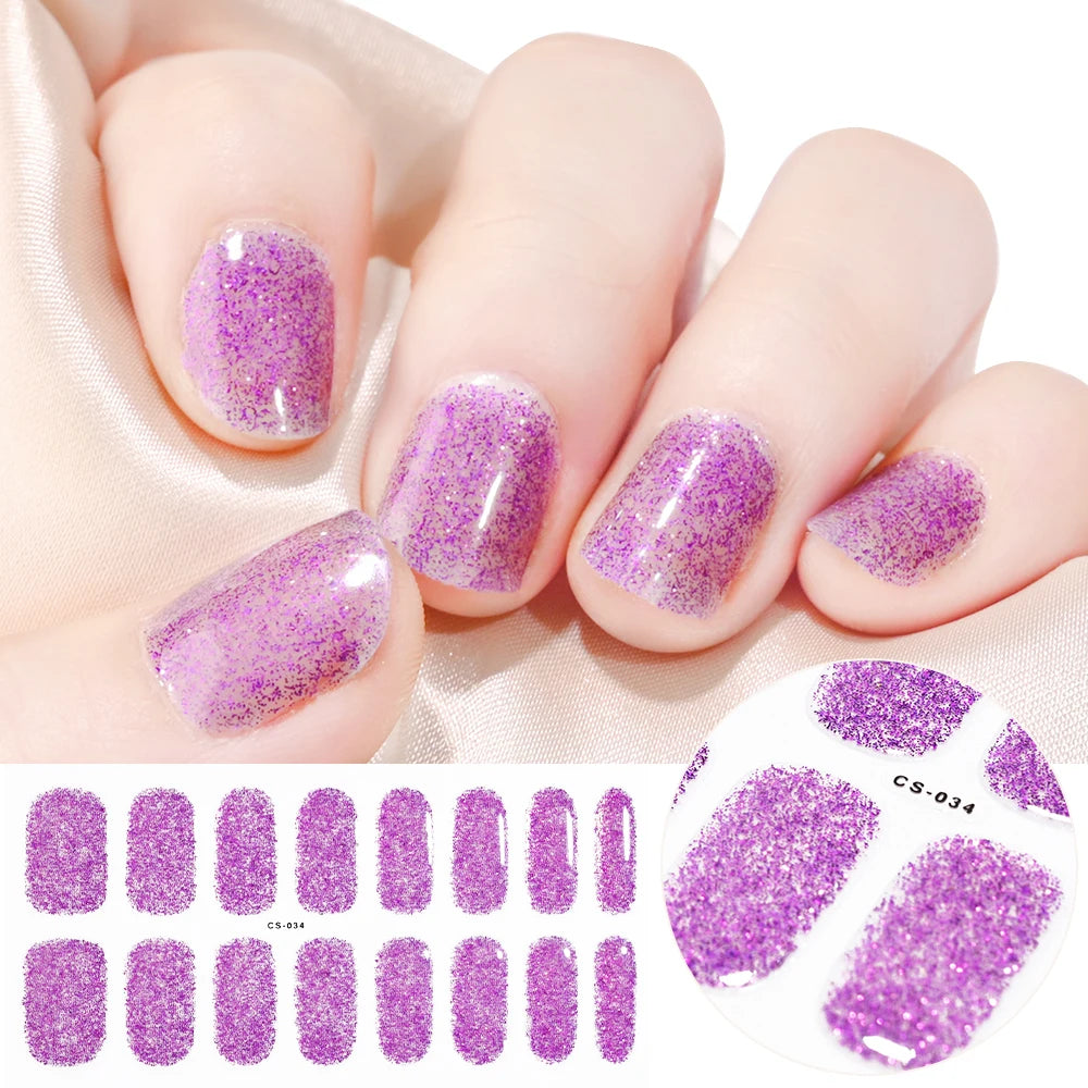 2024# New Semi-Cured Gel Nail Stickers Long-Lasting Solid Color Nail Strips UV Lamp Cured Manicure Gel Decal 16Tips