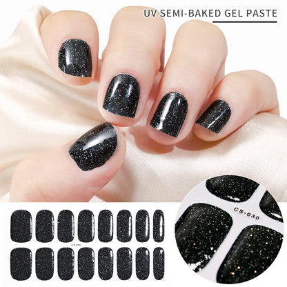 2024# New Semi-Cured Gel Nail Stickers Long-Lasting Solid Color Nail Strips UV Lamp Cured Manicure Gel Decal 16Tips