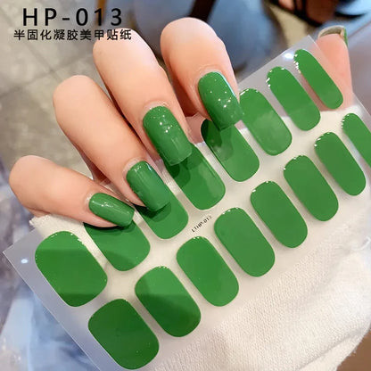 2024# New Semi-Cured Gel Nail Stickers Long-Lasting Solid Color Nail Strips UV Lamp Cured Manicure Gel Decal 16Tips