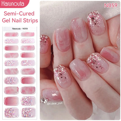 Harunouta Gold Foil Semi-Cured Gel Nail Stickers Adhesive Waterproof Long Lasting Full Cover Gel Nail Stickers UV Lamp Needed
