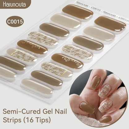 Harunouta Gold Foil Semi-Cured Gel Nail Stickers Adhesive Waterproof Long Lasting Full Cover Gel Nail Stickers UV Lamp Needed