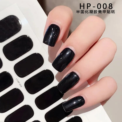 2024# New Semi-Cured Gel Nail Stickers Long-Lasting Solid Color Nail Strips UV Lamp Cured Manicure Gel Decal 16Tips