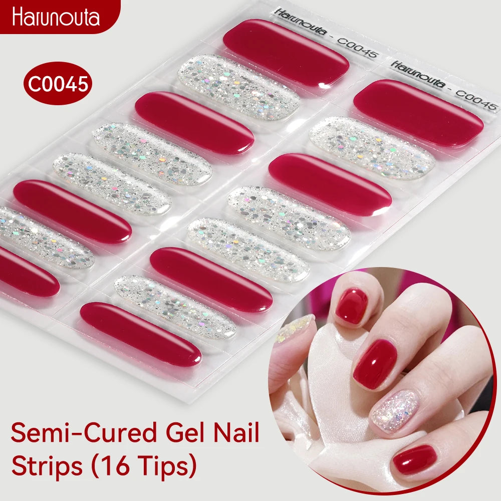 Harunouta Gold Foil Semi-Cured Gel Nail Stickers Adhesive Waterproof Long Lasting Full Cover Gel Nail Stickers UV Lamp Needed