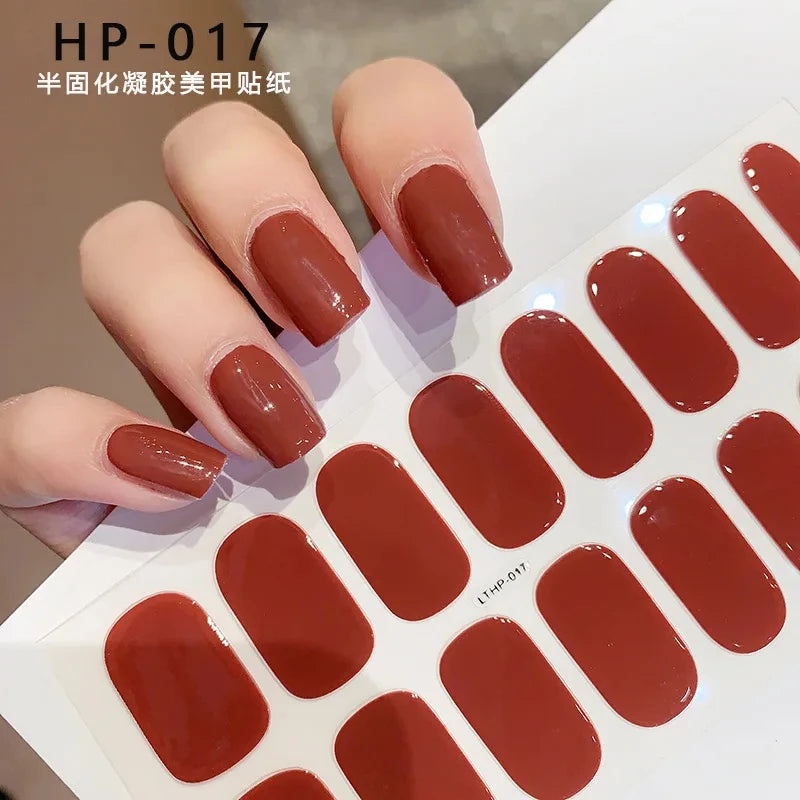 2024# New Semi-Cured Gel Nail Stickers Long-Lasting Solid Color Nail Strips UV Lamp Cured Manicure Gel Decal 16Tips