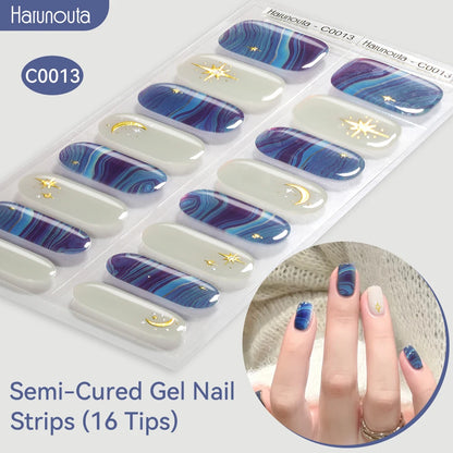 Harunouta Gold Foil Semi-Cured Gel Nail Stickers Adhesive Waterproof Long Lasting Full Cover Gel Nail Stickers UV Lamp Needed