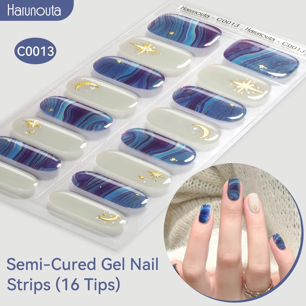 Harunouta Gold Foil Semi-Cured Gel Nail Stickers Adhesive Waterproof Long Lasting Full Cover Gel Nail Stickers UV Lamp Needed