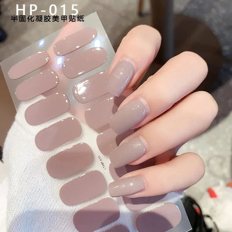 2024# New Semi-Cured Gel Nail Stickers Long-Lasting Solid Color Nail Strips UV Lamp Cured Manicure Gel Decal 16Tips