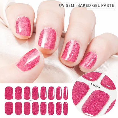 2024# New Semi-Cured Gel Nail Stickers Long-Lasting Solid Color Nail Strips UV Lamp Cured Manicure Gel Decal 16Tips