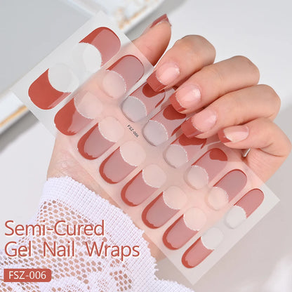 2024# New Semi-Cured Gel Nail Stickers Long-Lasting Solid Color Nail Strips UV Lamp Cured Manicure Gel Decal 16Tips