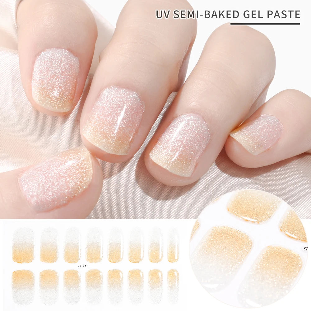 2024# New Semi-Cured Gel Nail Stickers Long-Lasting Solid Color Nail Strips UV Lamp Cured Manicure Gel Decal 16Tips