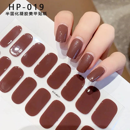 2024# New Semi-Cured Gel Nail Stickers Long-Lasting Solid Color Nail Strips UV Lamp Cured Manicure Gel Decal 16Tips
