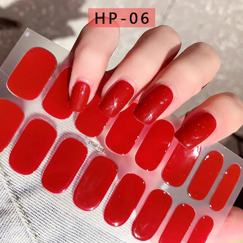 2024# New Semi-Cured Gel Nail Stickers Long-Lasting Solid Color Nail Strips UV Lamp Cured Manicure Gel Decal 16Tips