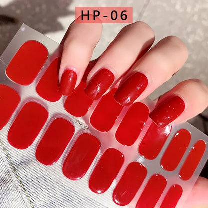 2024# New Semi-Cured Gel Nail Stickers Long-Lasting Solid Color Nail Strips UV Lamp Cured Manicure Gel Decal 16Tips