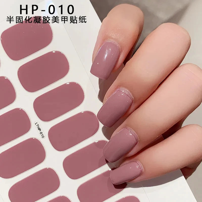 2024# New Semi-Cured Gel Nail Stickers Long-Lasting Solid Color Nail Strips UV Lamp Cured Manicure Gel Decal 16Tips