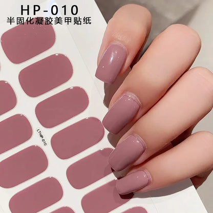 2024# New Semi-Cured Gel Nail Stickers Long-Lasting Solid Color Nail Strips UV Lamp Cured Manicure Gel Decal 16Tips
